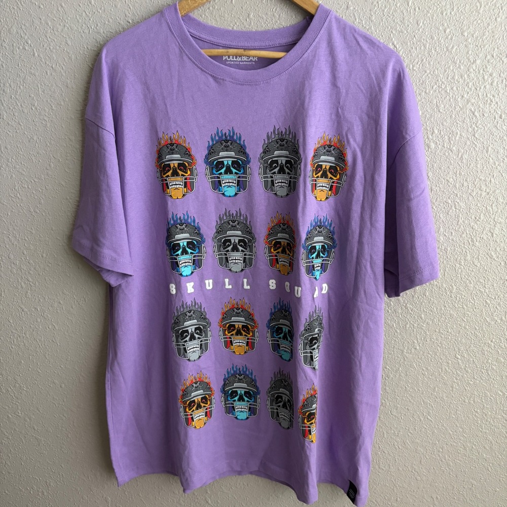 NEW Pull & Bear Purple Skull Squad Cotton Short Sleeve T-Shirt L - NWT